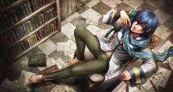 Rule 34 | 1boy, barefoot, blue eyes, blue hair, blue scarf, book, bookshelf, chair, checkered floor, from above, indoors, kaito (vocaloid), looking at viewer, male focus, matching hair/eyes, navel, nib pen (object), open pants, pants, paper, pen, scarf, short hair, sitting, solo, table, ujuju, vocaloid