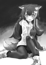 Rule 34 | 1girl, animal ears, bad id, bad twitter id, blush, crying, greyscale, highres, hololive, hood, hoodie, leggings, long hair, looking at viewer, mochiyuki (gigfor1), monochrome, ookami mio, ookami mio (casual), open mouth, scared, sitting, solo, tail, trembling, two-tone hoodie, virtual youtuber, wolf ears, wolf girl, wolf tail