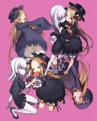 Rule 34 | 2girls, abigail williams (fate), amana (pocketkey), bags under eyes, black bow, black dress, black footwear, black hat, blonde hair, bloomers, blue eyes, bow, bug, butterfly, closed mouth, commentary request, covered mouth, dress, fate/grand order, fate (series), hair between eyes, hair bow, hat, highres, hugging object, insect, lavinia whateley (fate), long hair, long sleeves, looking at viewer, multiple girls, multiple views, orange bow, pale skin, parted bangs, pink background, pink eyes, polka dot, polka dot bow, shoes, simple background, sleeves past wrists, smile, stuffed animal, stuffed toy, teddy bear, underwear, upside-down, v-shaped eyebrows, very long hair, white bloomers, white hair