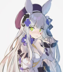 Rule 34 | 1girl, animal ears, bare shoulders, blush, breasts, cleavage, commentary request, detached sleeves, dress, facial mark, frilled sleeves, frills, girls&#039; frontline, green eyes, hair ornament, hairband, hat, hk416 (girls&#039; frontline), hk416 (herbal-flavored hard candy) (girls&#039; frontline), ika (4801055), large breasts, long hair, looking at viewer, official alternate costume, playing with own hair, rabbit ears, sidelocks, silver hair, sketch, solo, strapless, strapless dress, upper body, wavy mouth, white dress