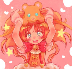 Rule 34 | 1girl, :3, :d, big hair, blue eyes, blush, bow, bowtie, copyright request, gloves, haguhagu (rinjuu circus), hands up, head tilt, highres, looking at viewer, open mouth, orange hair, pink background, red bow, red bowtie, smile, solo, star (symbol), star in eye, stuffed animal, stuffed toy, suspenders, symbol in eye, teddy bear, upper body