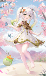 Rule 34 | !?, 1girl, bare legs, barefoot, blue butterfly, bug, butterfly, butterfly on hand, cherry blossoms, clothing cutout, dress, flower, genshin impact, gold trim, gradient hair, green eyes, green hair, hair flower, hair ornament, highres, insect, long hair, multicolored hair, nahida (genshin impact), nanoda002 (saber427), open mouth, orange flower, pointy ears, sand, shadow, shoulder cutout, symbol-shaped pupils, twintails, white dress, white hair