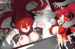 Rule 34 | 1girl, 3boys, arm grab, braid, grabbing another&#039;s breast, breasts, chained wrists, clenched teeth, collar, elesis (elsword), elsword, empire sword (elsword), gauntlets, grabbing, head out of frame, hetero, highres, male hand, multiple boys, nipples, ponytail, red eyes, red hair, restrained, surprised, sweat, tears, teeth, yanje