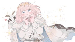 Rule 34 | 1boy, blanca (fate), blue eyes, blush, brown hair, cape, closed mouth, diamond hairband, dot nose, fate (series), fur-trimmed cape, fur trim, heart, heart hands, long sleeves, looking at viewer, male focus, oberon (fate), oneroom-disco, robe, smile, sparkle, tassel, white background, white cape, white robe