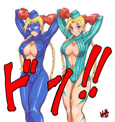 Rule 34 | 1990s (style), 2girls, antenna hair, arms behind head, arms up, blue eyes, blue leotard, bodypaint, braid, breasts, cammy white, camouflage, capcom, center opening, cleavage, covered erect nipples, decapre, garrison cap, glowing, glowing eyes, hat, highres, hori shin, large breasts, leotard, long hair, mask, multiple girls, navel, no bra, pantyhose, red eyes, retro artstyle, ribbed leotard, scar, shoulder pads, smile, standing, street fighter, street fighter zero (series), twin braids