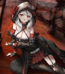 Rule 34 | 1girl, absurdres, animal hood, black collar, black garter belt, black hair, blush, breasts, camisole, cleavage, collar, eye mask, garter belt, garter straps, grey hair, hair ornament, heart collar, highres, hololive, hood, large breasts, looking at viewer, medium hair, multicolored hair, nail polish, open mouth, orca hood, plaid, plaid skirt, red eyes, red nails, sakamata chloe, skirt, solo, streaked hair, thighhighs, torn clothes, virtual youtuber, white camisole, x hair ornament