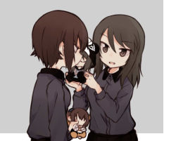 Rule 34 | 10s, 2girls, alternate costume, black skirt, character doll, doll, dress shirt, from side, fud, girls und panzer, grey background, grey shirt, holding, holding doll, kiss, kuromorimine school uniform, light smile, long hair, long sleeves, looking at another, mika (girls und panzer), multiple girls, nishizumi maho, object kiss, outside border, parted lips, school uniform, shirt, short hair, skirt, standing, upper body