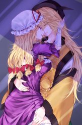 Rule 34 | 2girls, breasts, detached sleeves, dress, elbow gloves, gloves, hair between eyes, hair ribbon, hand on another&#039;s face, hand on another&#039;s thigh, imminent kiss, large breasts, long hair, looking at another, matara okina, multiple girls, puffy short sleeves, puffy sleeves, purple dress, purple eyes, red ribbon, ribbon, ribbon-trimmed headwear, ribbon trim, short sleeves, smile, tabard, thighhighs, touhou, wide sleeves, yakumo yukari, yellow eyes, yuki15775, yuri