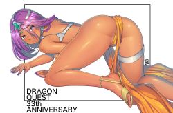 Rule 34 | 1girl, all fours, anniversary, bare shoulders, circlet, closed mouth, dark-skinned female, dark skin, dragon quest, dragon quest iv, earrings, eyes visible through hair, fingernails, furrowed brow, gem, hair between eyes, highres, jewelry, loincloth, long hair, looking at viewer, mahito, manya (dq4), nail polish, orange panties, panties, purple eyes, purple hair, purple nails, sandals, smile, solo, straight hair, thigh strap, underwear, yellow footwear