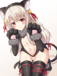 Rule 34 | 1girl, akira (been0328), animal ear fluff, animal ears, animal hands, bad id, bad pixiv id, bell, black gloves, black hairband, black leotard, black thighhighs, blush, breasts, brown background, cat ears, cat girl, cat tail, center opening, closed mouth, commentary request, elbow gloves, fake animal ears, fate/kaleid liner prisma illya, fate (series), fur-trimmed gloves, fur collar, fur trim, gloves, gluteal fold, gradient background, hair bell, hair between eyes, hair ornament, hair ribbon, hairband, hands up, illyasviel von einzbern, jingle bell, leotard, light brown hair, long hair, looking at viewer, navel, official alternate costume, paw gloves, paw shoes, red eyes, red ribbon, ribbon, shoes, small breasts, solo, sweat, tail, tail ornament, tail ribbon, thighhighs, very long hair, white background