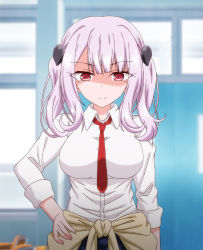 Rule 34 | 1girl, blue skirt, breasts, clothes around waist, hand on own hip, kitagami ai, large breasts, looking at viewer, necktie, onaho kyoushitsu ~joshi zenin ninshin keikaku~, pink hair, red eyes, red necktie, school uniform, screencap, shirt, skirt, smile, solo, stitched, sweater, sweater around waist, third-party edit, twintails, white shirt, yellow sweater