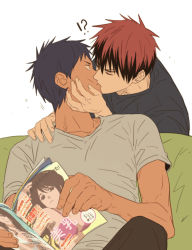 Rule 34 | !?, 2boys, aomine daiki, blue hair, chinese commentary, couch, dark-skinned male, dark skin, closed eyes, hand on another&#039;s face, head tilt, holding, holding magazine, kagami taiga, kiss, kuroko no basuke, magazine (object), magazine (object), male focus, multiple boys, on couch, pants, red hair, shirt, short hair, short sleeves, sitting, surprised, xuan zhi yue ying, yaoi