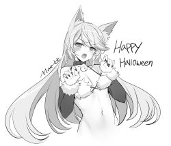 Rule 34 | 1girl, absurdres, animal ears, bare shoulders, bell, bra, breasts, choker, claw pose, counter:side, detached sleeves, fang, fingernails, frown, fur bra, fur trim, greyscale, halterneck, happy halloween, highres, hilde (counter:side), jingle bell, kemonomimi mode, long hair, long sleeves, looking at viewer, maett, monochrome, navel, open mouth, sharp fingernails, small breasts, solo, stomach, string bra, sweatdrop, swept bangs, underwear, v-shaped eyebrows, very long hair, wolf ears