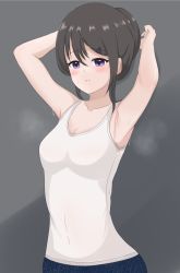 Rule 34 | 1girl, arm up, armpit focus, armpits, arms behind head, blush, embarrassed, highres, original, presenting armpit, ryzeon, shirt, simple background, sleeveless, sleeveless shirt, smell, stained clothes, steam, steaming body, sweat, sweatdrop, tank top, wet, wet clothes