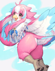 Rule 34 | 1girl, antenna hair, ass, beak, bird girl, bird legs, bird tail, blue hair, blue sky, blush, breasts, capelet, crescent, dated, feathers, flying, furry, furry female, highres, jewelry, kishibe, long hair, looking at viewer, looking back, medium breasts, multicolored hair, naked capelet, necklace, open mouth, original, pink eyes, pink hair, sidelocks, signature, sky, solo, tail, thighs, white capelet, white hair, winged arms, wings