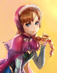 Rule 34 | 1girl, anna (frozen), blue eyes, blue skirt, bow (bhp), braid, brown hair, cape, closed mouth, dress, frozen (disney), fur-trimmed cape, fur trim, hand up, hood, hood up, hooded cape, long hair, long sleeves, looking at viewer, pink cape, single braid, skirt, smile, solo, yellow background