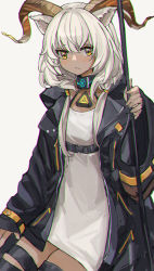 1girl, animal ears, arknights, beeswax (arknights), black coat, black legwear, blush, breasts, chinese commentary, closed mouth, coat, commentary, cowboy shot, dark skin, dark skinned female, dress, goat ears, goat horns, holding, holding staff, hooded coat, horns, infection monitor (arknights), long hair, looking at viewer, open clothes, open coat, sidelocks, simple background, small breasts, solo, staff, tareme, thigh strap, thighhighs, white background, white dress, white hair, yellow eyes, yurooe