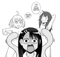 Rule 34 | 3girls, ahoge, angry, armpits, arms behind head, arms up, black hair, breasts, censored, censored nipples, clothed female nude female, convenient arm, convenient censoring, english text, gamou maki, grin, highres, ijiranaide nagatoro-san, large breasts, long hair, looking at viewer, monochrome, motion lines, multiple girls, nagatoro hayase, navel, nude, open mouth, parted lips, pointing, pointing at self, simple background, smile, speech bubble, standing, szmitten, tan, teeth, twintails, white background, yoshi (nagatoro)