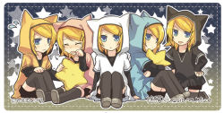 Rule 34 | 5girls, :3, :p, blonde hair, blue eyes, closed eyes, hair ornament, hairclip, hand on own hip, hip focus, hood, hoodie, kagamine rin, layered sleeves, long sleeves, multiple girls, multiple persona, hugging object, pillow, pillow hug, short hair, short over long sleeves, short sleeves, sute-neko russian blue (vocaloid), sweatdrop, tamura hiro, tears, tongue, tongue out, vocaloid, wavy mouth