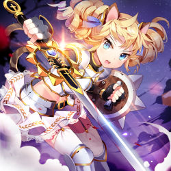 Rule 34 | 1girl, animal ears, armor, black gloves, blonde hair, blood, blue eyes, cat ears, cat tail, drill hair, fingerless gloves, garter straps, gate of dimension, gilse, gloves, greaves, long hair, looking at viewer, navel, open mouth, shield, solo, sword, tail, thighhighs, weapon, white thighhighs