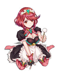 Rule 34 | 1girl, adapted costume, alternate costume, blush, breasts, cleavage, dress, earrings, fingerless gloves, frills, gloves, jewelry, kashi (boyishcao), large breasts, looking at viewer, maid, maid headdress, mimikaki, nintendo, puffy short sleeves, puffy sleeves, pyra (xenoblade), red eyes, red hair, red thighhighs, short hair, short sleeves, simple background, solo, swept bangs, thighhighs, tiara, white background, xenoblade chronicles (series), xenoblade chronicles 2