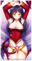 Rule 34 | 1girl, ahri (league of legends), animal ears, armpits, arms up, black hair, breasts, cleavage, detached sleeves, fox ears, fox tail, highres, kaho okashii, korean clothes, league of legends, long hair, looking at viewer, solo, tail, very long hair, whiskers, yellow eyes