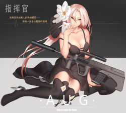 Rule 34 | 1girl, absurdres, artist name, assault rifle, aug (girls&#039; frontline), black dress, black footwear, boots, breasts, bullpup, carbine, character name, cleavage, collarbone, dress, english text, flower, girls&#039; frontline, gun, hair between eyes, hair flower, hair ornament, hair ribbon, hand on floor, henz, high heel boots, high heels, highres, long hair, looking at viewer, medium breasts, on floor, orange eyes, pink hair, ribbon, rifle, simple background, sitting, solo, steyr aug, suppressor, thighs, translation request, weapon