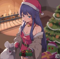 Rule 34 | 1girl, bell, blue eyes, blue hair, blush, box, breasts, character request, christmas, christmas tree, cleavage, closed mouth, collar, collarbone, dated, fire, gift, gift box, gloves, grey jacket, hat, highres, holding, holding gift, idolmaster, jacket, jingle bell, long hair, looking at viewer, medium breasts, mogami shizuka, myeolchi, neck bell, red collar, red gloves, red hat, santa hat, solo