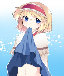 Rule 34 | 1girl, alice margatroid, bad id, bad pixiv id, blonde hair, blue background, blue eyes, capelet, clothes in mouth, clothes lift, dress, dress in mouth, dress lift, female focus, hairband, hammer (sunset beach), mouth hold, navel, short hair, simple background, solo, touhou