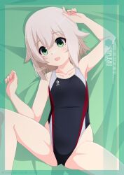 Rule 34 | 1girl, artist name, black one-piece swimsuit, breasts, character name, commentary request, competition swimsuit, feet out of frame, green eyes, highleg, highleg swimsuit, highres, inaba shiki, kantai collection, looking at viewer, lying, multicolored clothes, multicolored swimsuit, one-piece swimsuit, open mouth, paid reward available, shimushu (kancolle), short hair, small breasts, smile, solo, spread legs, swimsuit, white hair