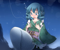 Rule 34 | 1girl, animal ears, bad id, bad pixiv id, blue eyes, blue hair, blush, commentary request, fins, fishing hook, fishing line, hammer (sunset beach), head fins, japanese clothes, kimono, long sleeves, matching hair/eyes, mermaid, monster girl, obi, open mouth, sash, short hair, solo, touhou, underwater, wakasagihime