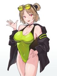 Rule 34 | 1girl, alternate costume, black jacket, black one-piece swimsuit, breasts, choker, cleavage, collarbone, commentary, commission, covered navel, cowboy shot, double bun, english commentary, eyewear on head, fukuya art, girls&#039; frontline, green one-piece swimsuit, hair bun, hand on own hip, hand up, highleg, highleg one-piece swimsuit, highleg swimsuit, highres, jacket, light brown hair, looking at viewer, off shoulder, one-piece swimsuit, open clothes, open jacket, open mouth, p90 (girls&#039; frontline), red eyes, short hair, simple background, skeb commission, smile, solo, sunglasses, swimsuit, two-tone one-piece swimsuit, white background