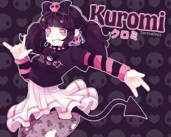 Rule 34 | 1girl, artist name, blunt bangs, bow, character name, collar, crop top, demon tail, earrings, english text, grin, hair bow, hand gesture, high-waist skirt, highres, humanization, isosceless, jewelry, kuromi, legs together, long sleeves, medium hair, onegai my melody, open mouth, outstretched arm, panties, pantyhose, pink eyes, pleated skirt, print pantyhose, print shirt, sanrio, shirt, skirt, skull and crossbones, skull earrings, skull print, smile, solo, spiked collar, spiked ear piercing, spikes, sticker on face, striped clothes, striped shirt, symbol in eye, t-shirt, tail, torn clothes, torn legwear, twintails, underwear