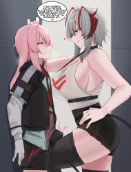 Rule 34 | 1boy, 1girl, :q, absurdres, against wall, animal ears, ansel (arknights), antenna hair, arknights, assertive female, bare shoulders, black choker, black jacket, black shorts, black thighhighs, blush, breasts, brown eyes, bulge, choker, cleavage, closed mouth, demon girl, demon horns, demon tail, english text, erection, erection under clothes, eye contact, from side, gloves, grey hair, heart, hetero, highres, horns, indoors, jacket, kanta (kanta 077), large breasts, long hair, long sleeves, looking at another, multicolored hair, necktie, official alternate costume, open clothes, open jacket, pink hair, rabbit boy, rabbit ears, red hair, red necktie, shirt, short hair with long locks, short shorts, shorts, sideboob, sidelocks, smile, tail, taller female, tank top, thighhighs, tongue, tongue out, two-tone hair, w (arknights), white gloves, white shirt