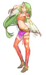 Rule 34 | 1girl, breasts, feena (grandia), full body, grandia, grandia i, green eyes, green hair, hair ornament, hair tubes, hidezi, jewelry, long hair, looking at viewer, low-tied long hair, midriff, navel, necklace, simple background, skirt, solo, thighhighs, white background