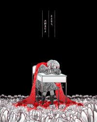 Rule 34 | 1girl, additional memory (vocaloid), black background, chair, chromatic aberration, commentary, depressed, desk, feet out of frame, flower, hair ornament, hairclip, hand on own arm, jinglebunns, kagerou project, kneehighs, long scarf, lyrics, mekakucity actors, negative space, on chair, on desk, one eye covered, partially colored, pleated skirt, red eyes, red flower, red scarf, scarf, school desk, school uniform, serafuku, signature, simple background, sitting, sketch, skirt, socks, solo, spider lily, spot color, tateyama ayano, too many flowers, translated, vocaloid, white flower, white spider lily