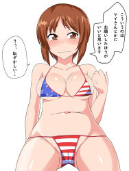 Rule 34 | 1girl, american flag bikini, between legs, bikini, blush, breasts, brown eyes, brown hair, cameltoe, cleavage, closed mouth, collarbone, feet out of frame, female focus, flag print, girls und panzer, groin, hand up, japanese text, looking to the side, medium breasts, micro bikini, navel, nishizumi miho, shiny skin, short hair, simple background, solo, speech bubble, sugamo, swimsuit, text focus, thighs, translated, wavy mouth, white background