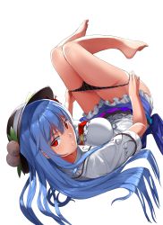 Rule 34 | 1girl, :/, absurdres, bare legs, barefoot, black hat, black panties, blouse, blue hair, blush, breasts, closed mouth, eyebrows, food, fruit, hair between eyes, hat, highres, hinanawi tenshi, knees together feet apart, large breasts, leaf, legs together, legs up, long hair, looking back, necktie, neropaso, panties, panty pull, peach, pulled by self, red eyes, red necktie, shirt, short sleeves, solo, touhou, underwear, undressing, very long hair, white shirt