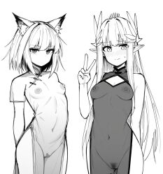 2girls alternate_costume animal_ear_fluff animal_ears arknights arm_behind_back bare_arms bare_shoulders blush breasts censored china_dress chinese_clothes closed_mouth commentary_request cowboy_shot dress elf embarrassed expressionless greyscale groin hair_ornament hand_up heart heart_censor highres kal&#039;tsit_(arknights) long_hair looking_at_viewer makigirisu medium_breasts monochrome muelsyse_(arknights) multiple_girls navel nipples nose_blush pointy_ears pubic_hair pussy see-through_clothes see-through_dress short_hair short_sleeves simple_background sleeveless sleeveless_dress smile split_mouth standing sweatdrop v white_background