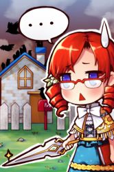 Rule 34 | ..., 1girl, blue eyes, blush, book, bow, chibi, cropped jacket, dress, drill hair, drop, flower, frills, glasses, house, lowres, red hair, solo, sweatdrop, sword, sword girls, triangle mouth, vernika answer, weapon