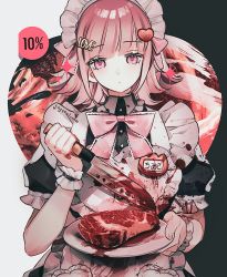 Rule 34 | 1girl, alternate costume, alternate hair ornament, apron, artist name, black background, black dress, blood, blood on clothes, blood on hands, bow, bowtie, buttons, collared dress, cowboy shot, danganronpa (series), danganronpa 2: goodbye despair, dress, enmaided, expressionless, food, frilled apron, frills, hair ornament, heart, heart apron, heart hair ornament, highres, holding, holding knife, holding plate, knife, maid, maid apron, maid headdress, meat, medium hair, nanami chiaki, pink bow, pink bowtie, pink eyes, pink hair, plate, puffy short sleeves, puffy sleeves, rina (crystalrina), short sleeves, smile, solo, translation request, upper body, white background