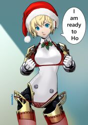 Rule 34 | absurdres, aegis (persona), android, aqua eyes, blonde hair, bra, bra pull, breasts, christmas, clothes pull, contrapposto, cowboy shot, english text, expressionless, hat, highres, holly, joints, lace, lace-trimmed legwear, lace-trimmed panties, lace trim, lips, looking at viewer, mechanical parts, medium breasts, mmmalice, panties, parted lips, persona, persona 3, red thighhighs, redrawn, ringed eyes, robot joints, santa hat, short hair, speech bubble, thighhighs, underwear, underwear only