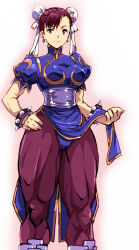 Rule 34 | 1girl, blue dress, boots, bracelet, breasts, brown eyes, brown hair, brown pantyhose, bun cover, capcom, china dress, chinese clothes, chun-li, closed mouth, clothes lift, commentary request, double bun, dress, dress lift, earrings, gold trim, hair bun, highres, jewelry, kamisimo 90, looking at viewer, medium breasts, pantyhose, pelvic curtain, pink lips, puffy sleeves, sash, short sleeves, smile, solo, spiked bracelet, spikes, standing, street fighter, thighs