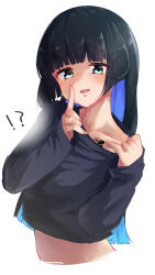 Rule 34 | !?, 1girl, absurdres, black hair, blunt bangs, bocchi the rock!, chest tattoo, chin piercing, colored inner hair, crop top, ear piercing, finger to mouth, green eyes, heart, heart tattoo, highres, hime cut, long hair, long sleeves, megateru, midriff, multicolored hair, pa-san, piercing, pulled by self, shushing, sleeves past wrists, smile, tattoo, white background
