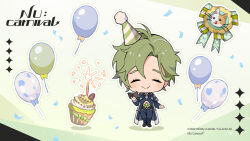 Rule 34 | 1boy, balloon, birthday cake, blush, book, cake, candle, chibi, closed eyes, confetti, food, gem, green hair, highres, holding, holding book, long sleeves, male focus, nu carnival, official art, olivine (nu carnival), priest, short hair, smile, standing