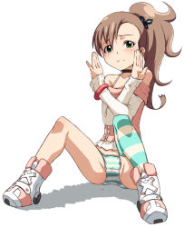 Rule 34 | 1girl, asymmetrical legwear, blush, brown hair, bug, butterfly, choker, chousoku henkei gyrozetter, collarbone, crossed arms, detached sleeves, green eyes, hair ornament, inaba rinne, insect, long sleeves, mismatched legwear, panties, pantyhose, ponytail, shoes, single thighhigh, solo, spread legs, striped clothes, striped panties, striped pantyhose, striped thighhighs, tabigarasu, thighhighs, underwear