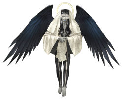Rule 34 | 1boy, angel, angel wings, black hair, black nails, black wings, blue eyes, blue lips, colored skin, feathered wings, full body, grey skin, halo, highres, kazuma kaneko, looking at viewer, male focus, mask, mastema (megami tensei), nail polish, official art, own hands together, pantyhose, pectorals, shin megami tensei, shin megami tensei: strange journey, simple background, smirk, solo, white background, wings