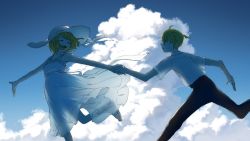 Rule 34 | 1boy, 1girl, ^ ^, backlighting, blonde hair, blue eyes, blue sky, blue theme, closed eyes, cloud, dress, eob, frilled dress, frills, hair ornament, hairclip, happy, hat, hat ribbon, highres, holding hands, kagamine len, kagamine rin, outstretched arms, ribbon, running, sandals, see-through silhouette, shirt, short hair, short sleeves, sky, sleeveless, sleeveless dress, smile, standing, standing on one leg, sun hat, sundress, vocaloid, white dress, white headwear, white shirt