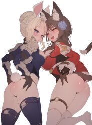 Rule 34 | 2girls, absurdres, animal ears, armor, ass, back, black panties, blue theme, blush, breasts, brown eyes, brown hair, fangs, flower, hair bun, hair flower, hair ornament, highres, large breasts, looking at viewer, medium breasts, multiple girls, open mouth, original, panties, pauldrons, rabbit ears, rabbit girl, rabbit tail, shoulder armor, simple background, single hair bun, tail, thigh strap, thighhighs, thong, underwear, white background, white thighhighs, zerocat