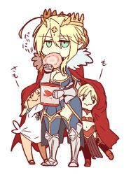 Rule 34 | age regression, aged down, artoria pendragon (fate), artoria pendragon (lancer) (fate), blonde hair, breasts, cape, cleavage, eating, fate/apocrypha, fate/grand order, fate (series), green eyes, holding, holding behind back, mordred (fate), mordred (fate) (all), mordred (fate/apocrypha), mordred (swimsuit rider) (fate), mother and daughter, pointy ears, red cape, takatsuki nato